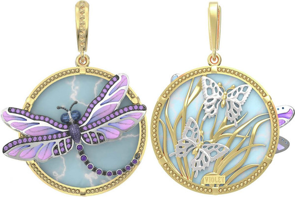 Подвеска из лимонного золота 585 пробы c бирюзой, аметистом и эмалью