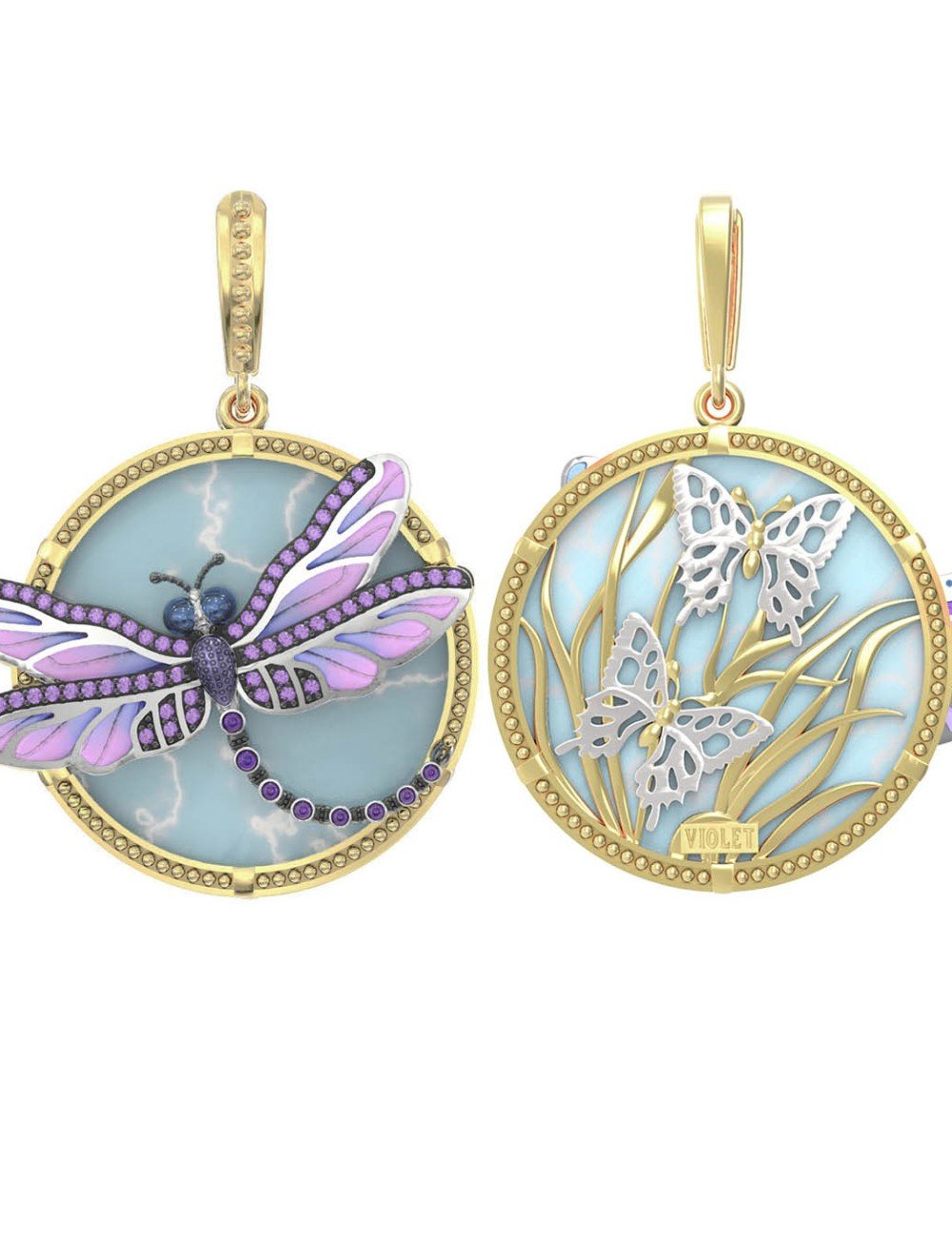 Подвеска из лимонного золота c бирюзой, аметистом и эмалью