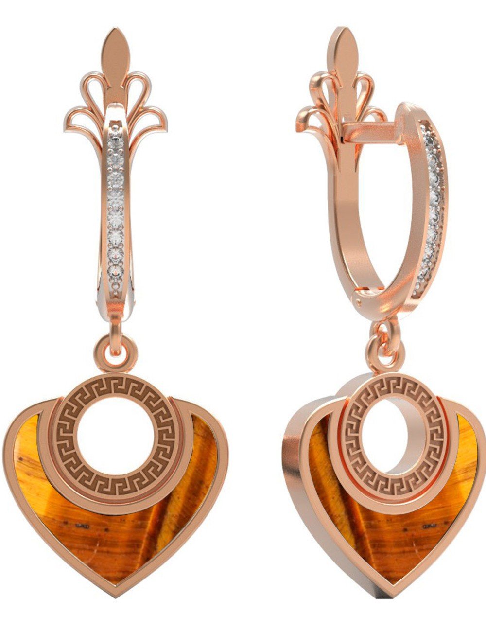 Серьги из золота c фианитом и тигровым глазом