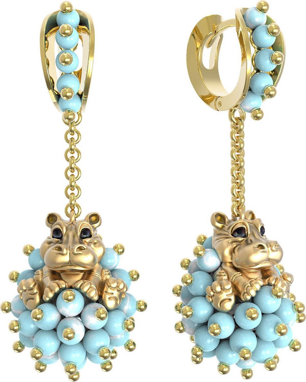 Серьги из лимонного золота 585 пробы c эмалью и бирюзой