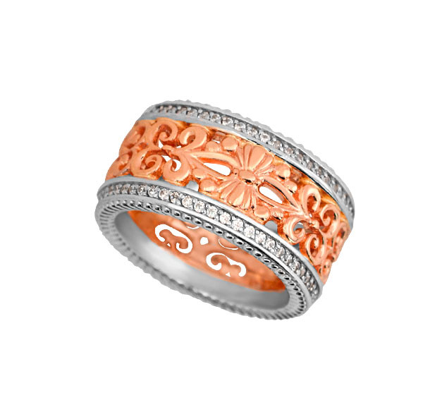 Кольцо обр. сложное из красного золота 585 пробы c фианитом