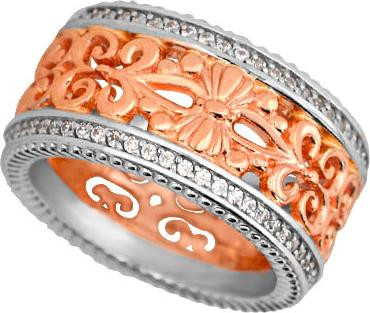 Кольцо обр. сложное из красного золота 585 пробы c фианитом