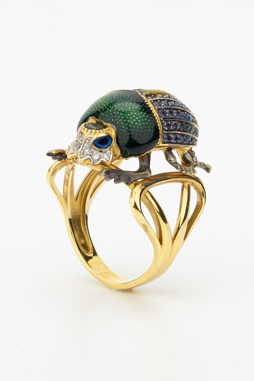 Кольцо из лимонного золота 585 пробы c эмалью, фианитом и турмалином