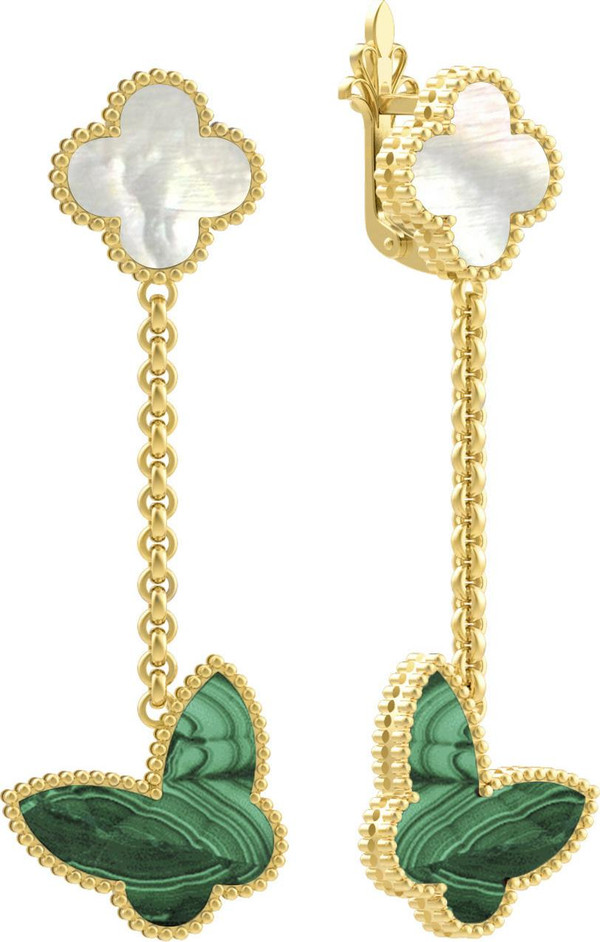 Серьги из лимонного золота 585 пробы c малахитом и перламутром