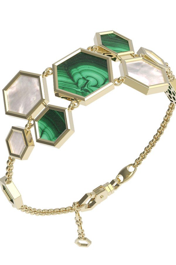 Браслет из лимонного золота c малахитом и перламутром