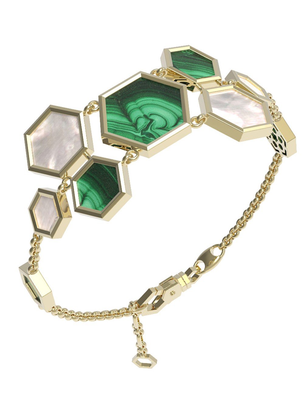 Браслет из лимонного золота c малахитом и перламутром