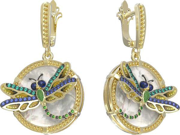 Серьги из лимонного золота 585 пробы c сапфиром, изумрудом, эмалью и перламутром