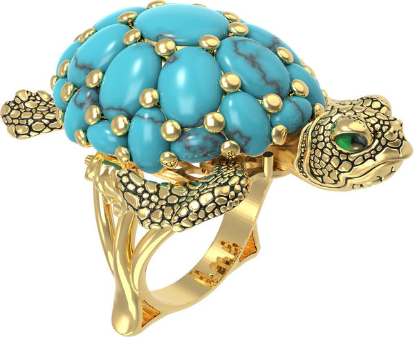 Кольцо из лимонного золота 585 пробы c эмалью и бирюзой