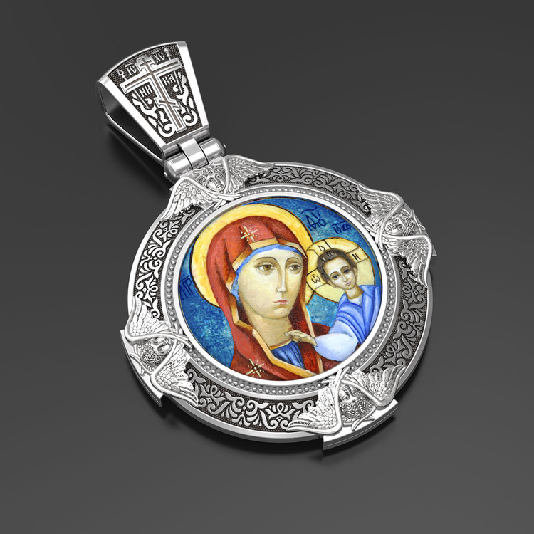 Нательная икона из белого золота 585 пробы c эмалью, иконописью и темперой