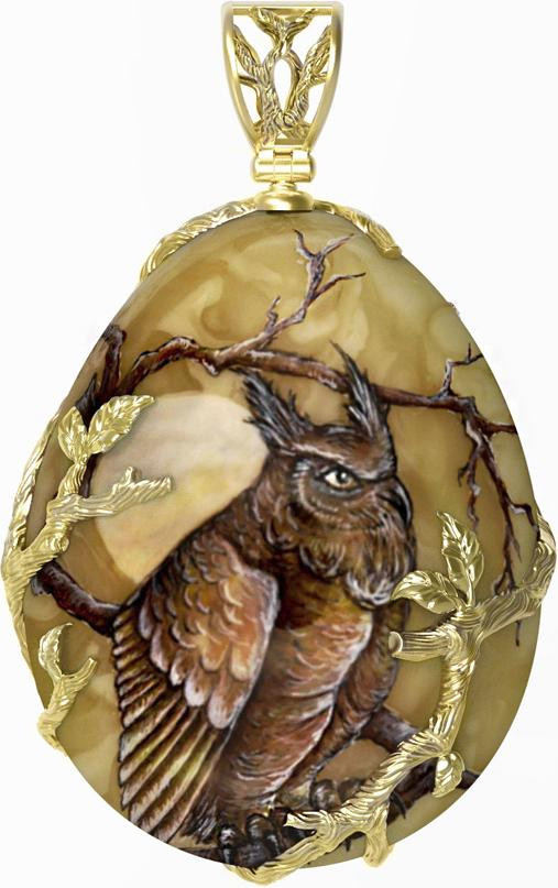 Подвеска из лимонного золота 585 пробы c росписным янтарём