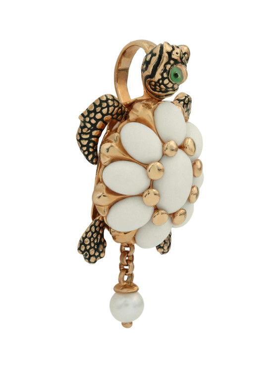 Подвеска из красного золота 585 пробы c эмалью, жемчугом и бивнем мамонта