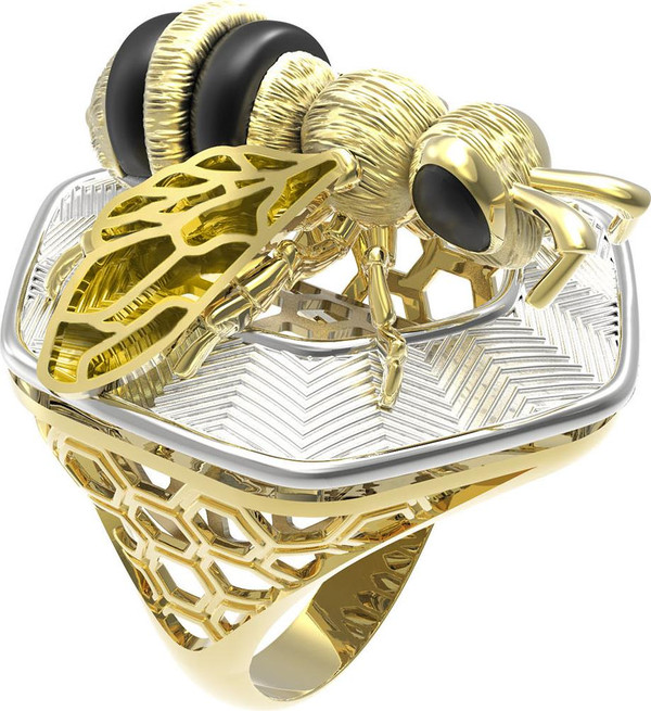 Кольцо из лимонного золота 585 пробы c эмалью, ониксом и эмалью