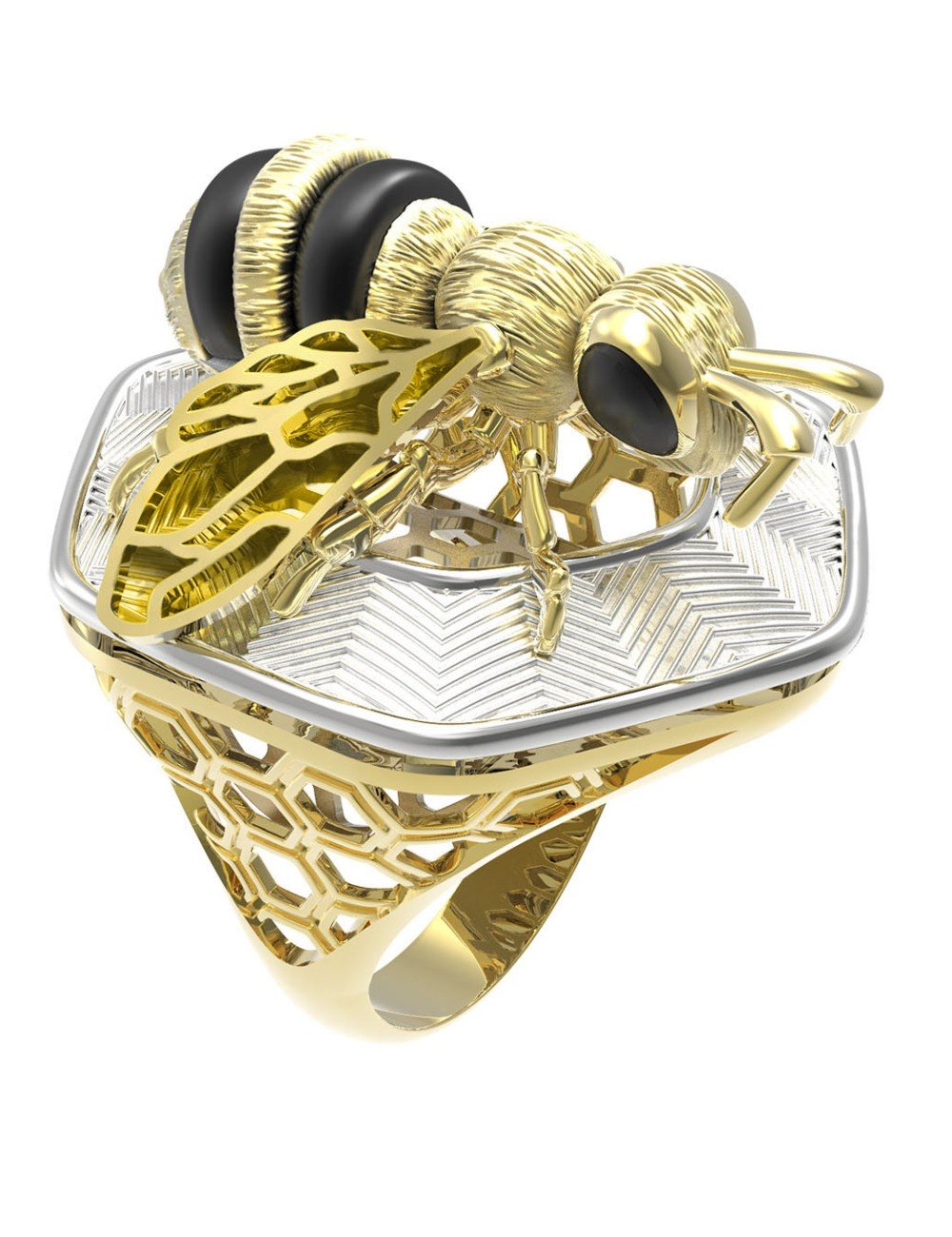 Кольцо из лимонного золота c эмалью, ониксом и эмалью