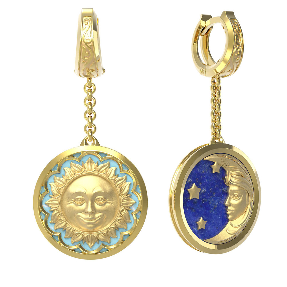 Серьги из лимонного золота 585 пробы c бирюзой и лазуритом