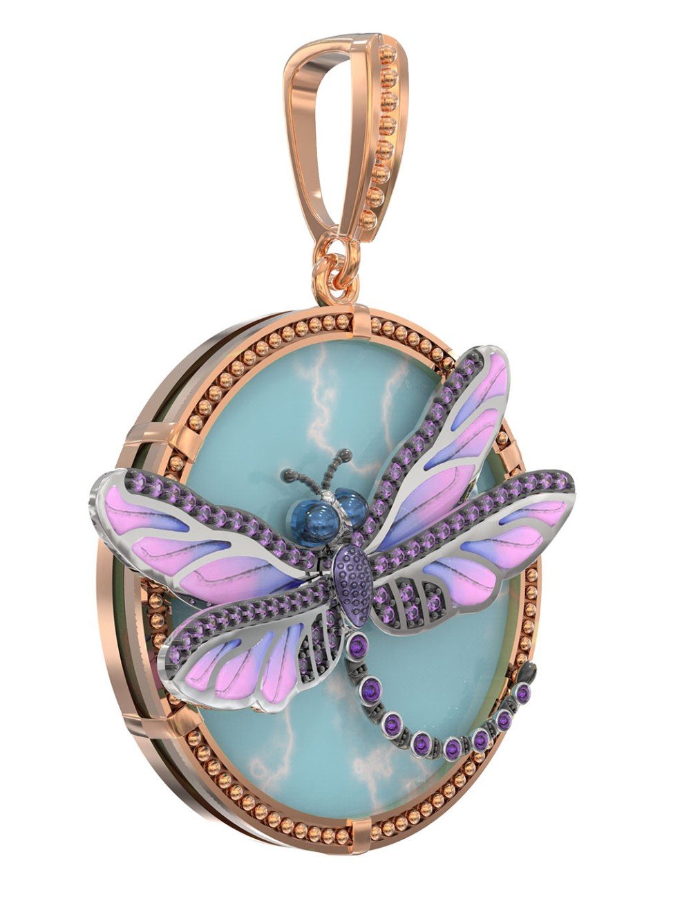 Подвеска из золота c бирюзой, аметистом и эмалью