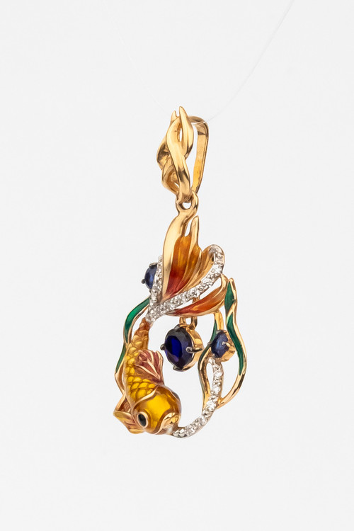 Подвеска из красного золота 585 пробы c эмалью, фианитом и сапфиром
