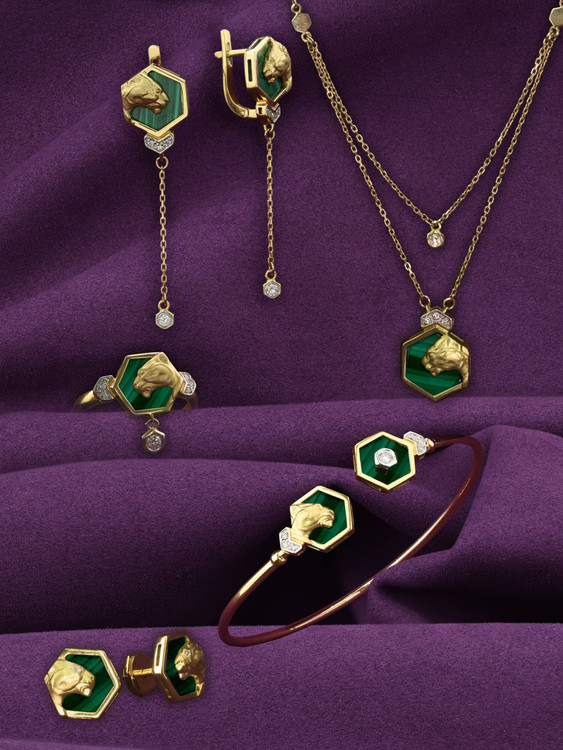 Серьги из лимонного золота 585 пробы c бриллиантами и малахитом