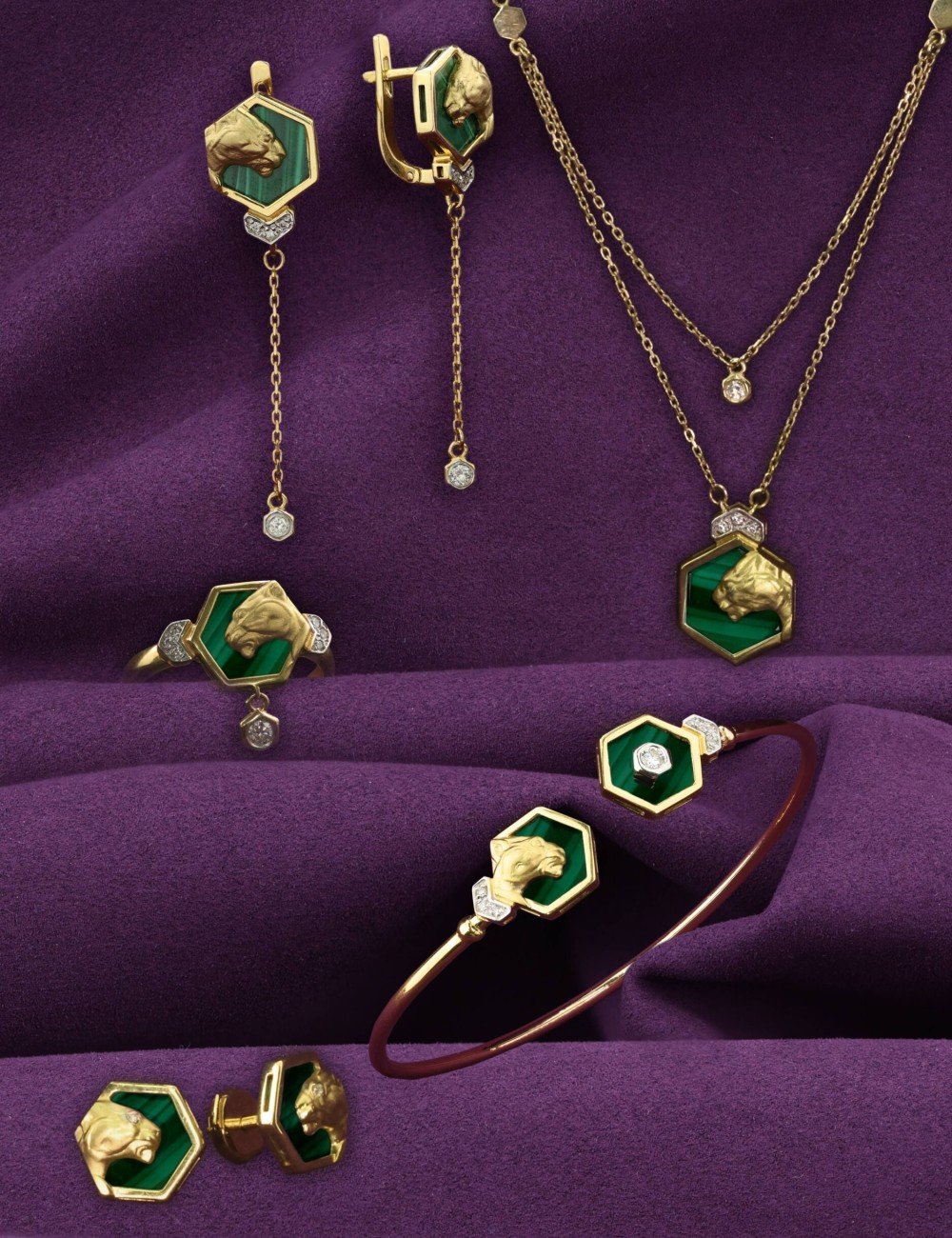 Серьги из лимонного золота c бриллиантами и малахитом