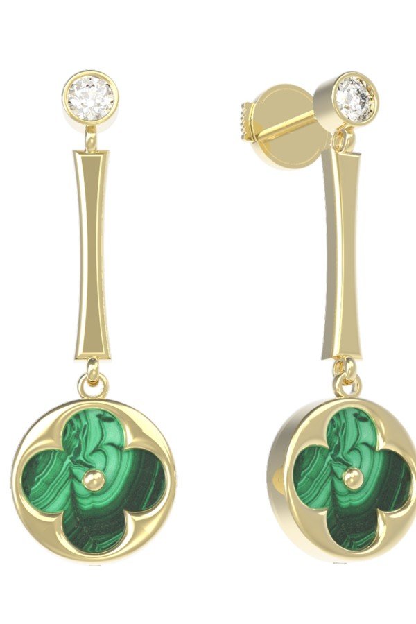 Серьги из лимонного золота c фианитом и малахитом