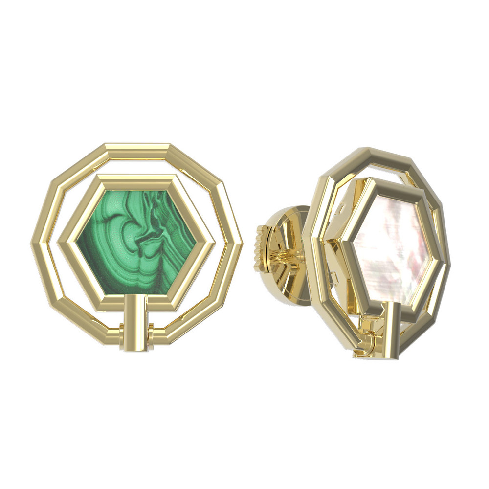 Серьги из лимонного золота 585 пробы c малахитом и перламутром