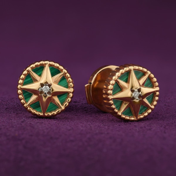 Серьги из красного золота 585 пробы c бриллиантами и малахитом