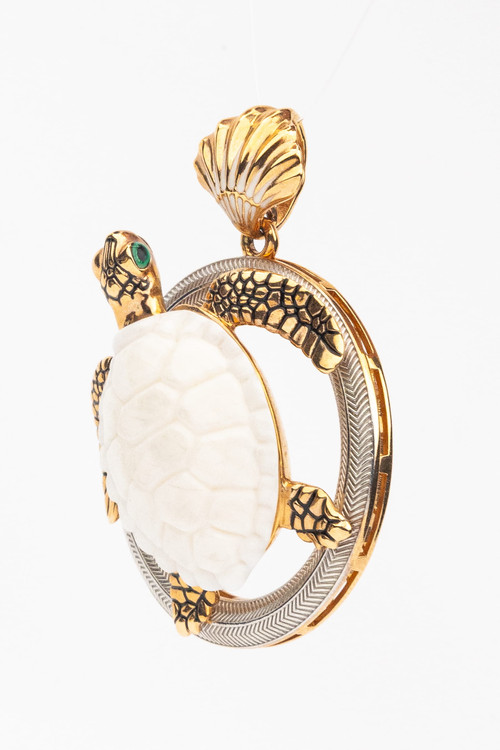 Подвеска из красного золота 585 пробы c эмалью и бивнем мамонта