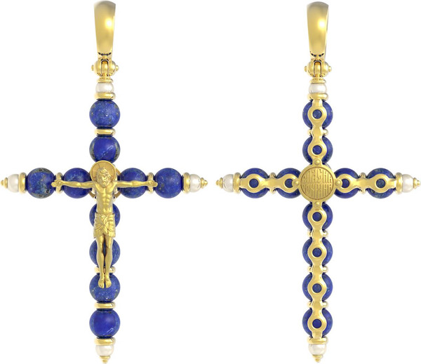 Крест из лимонного золота 585 пробы c жемчугом и лазуритом