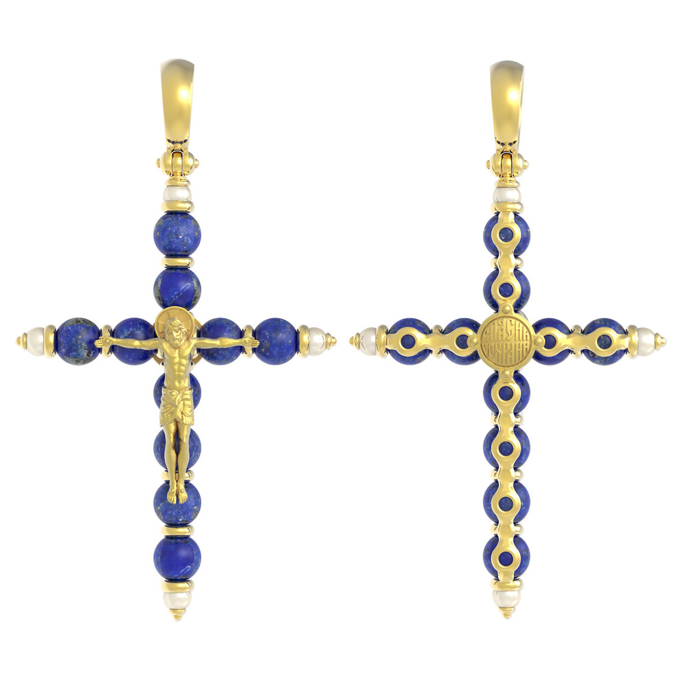 Крест из лимонного золота 585 пробы c жемчугом и лазуритом