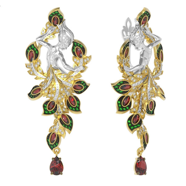 Серьги из лимонного золота 585 пробы c фианитом и гранатом