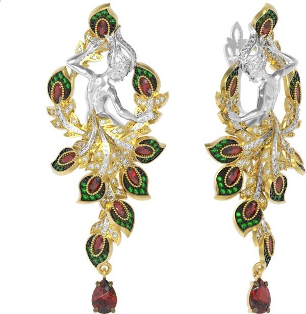 Серьги из лимонного золота c фианитом и гранатом