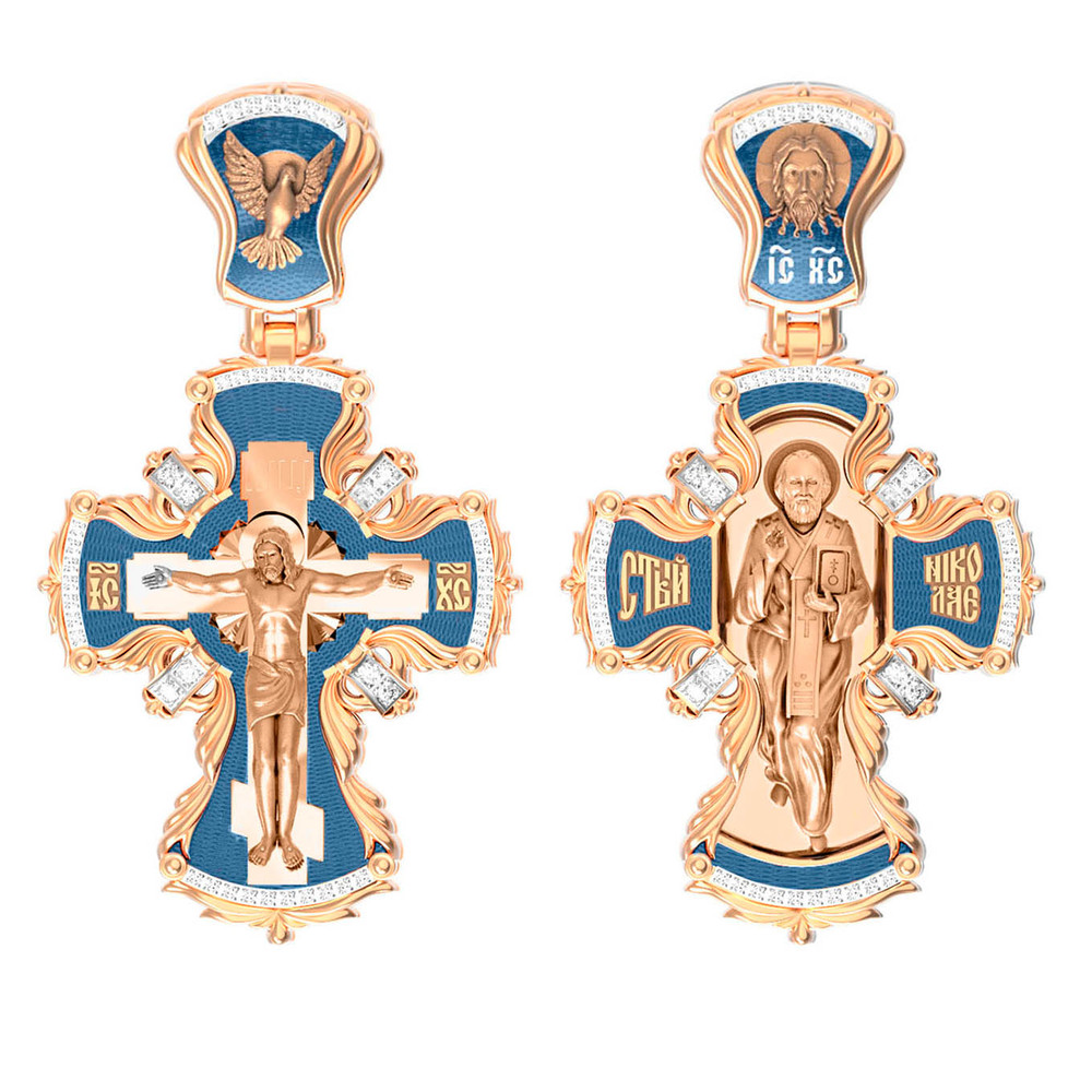 Крест из красного золота 585 пробы c эмалью и бриллиантами