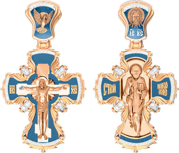 Крест из красного золота 585 пробы c эмалью и бриллиантами