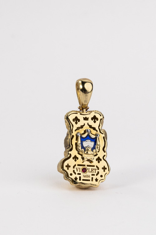 Подвеска из лимонного золота 585 пробы c эмалью, бриллиантами и рубином