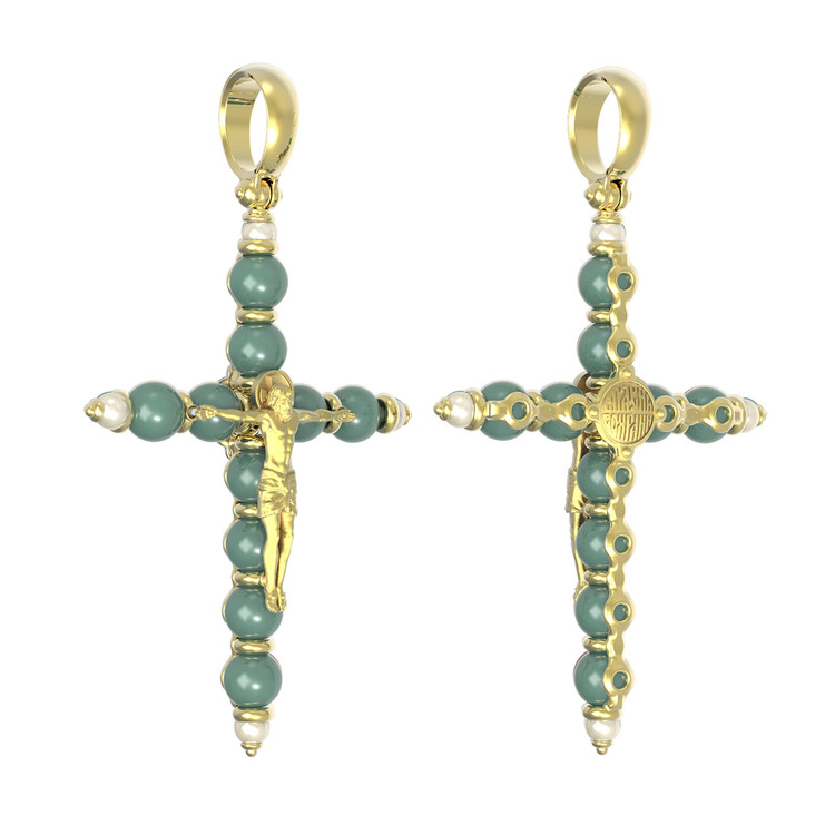 Крест из лимонного золота 585 пробы c жемчугом и бирюзой