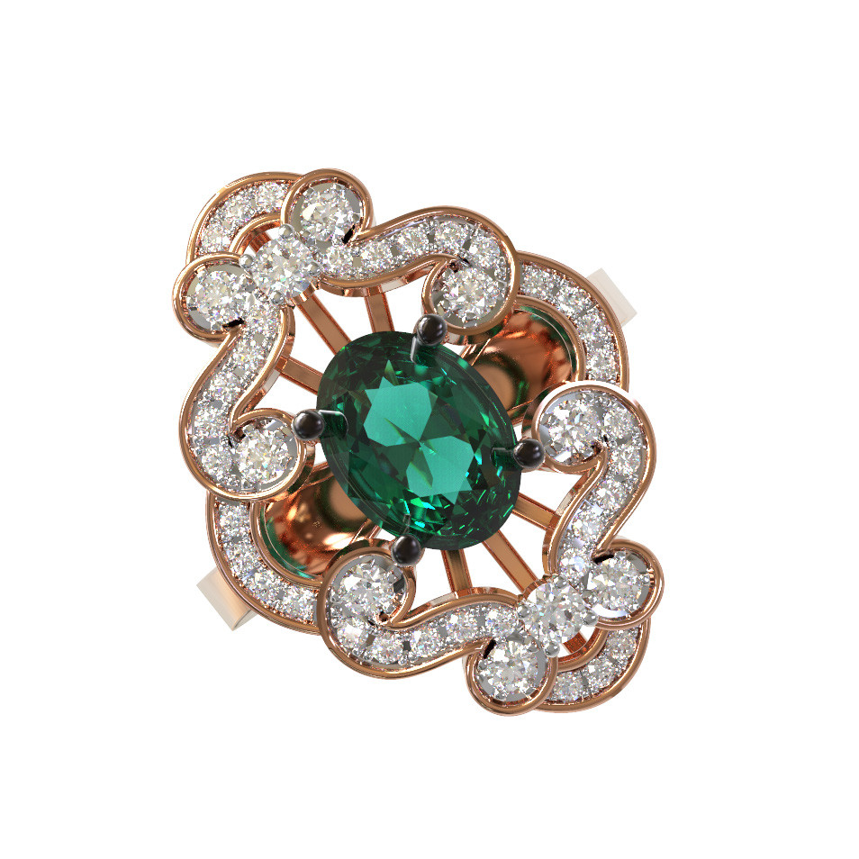 Кольцо из красного золота 585 пробы c бриллиантами и изумрудом