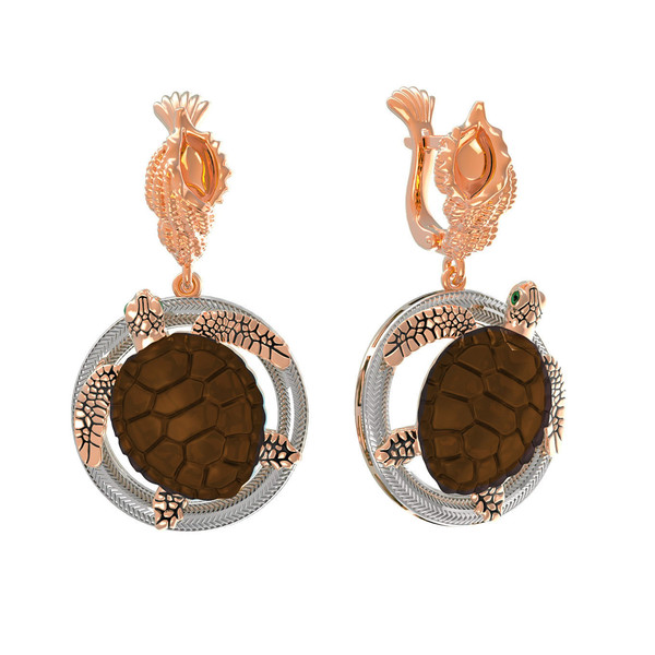 Серьги из красного золота 585 пробы c эмалью и железным деревом