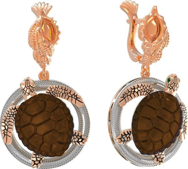 Серьги из золота c эмалью и железным деревом