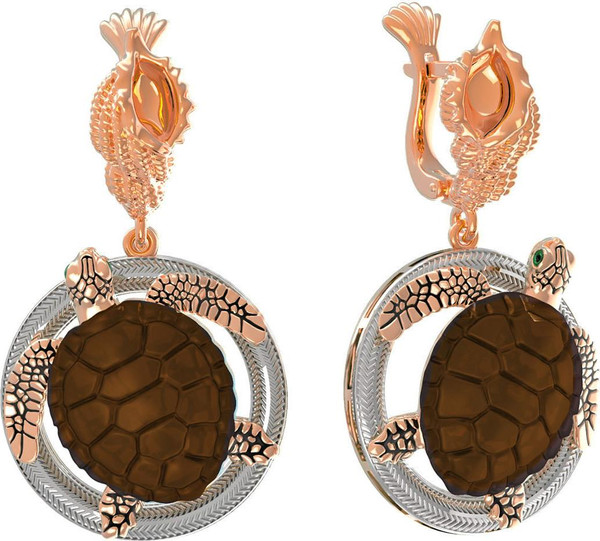 Серьги из красного золота 585 пробы c эмалью и железным деревом