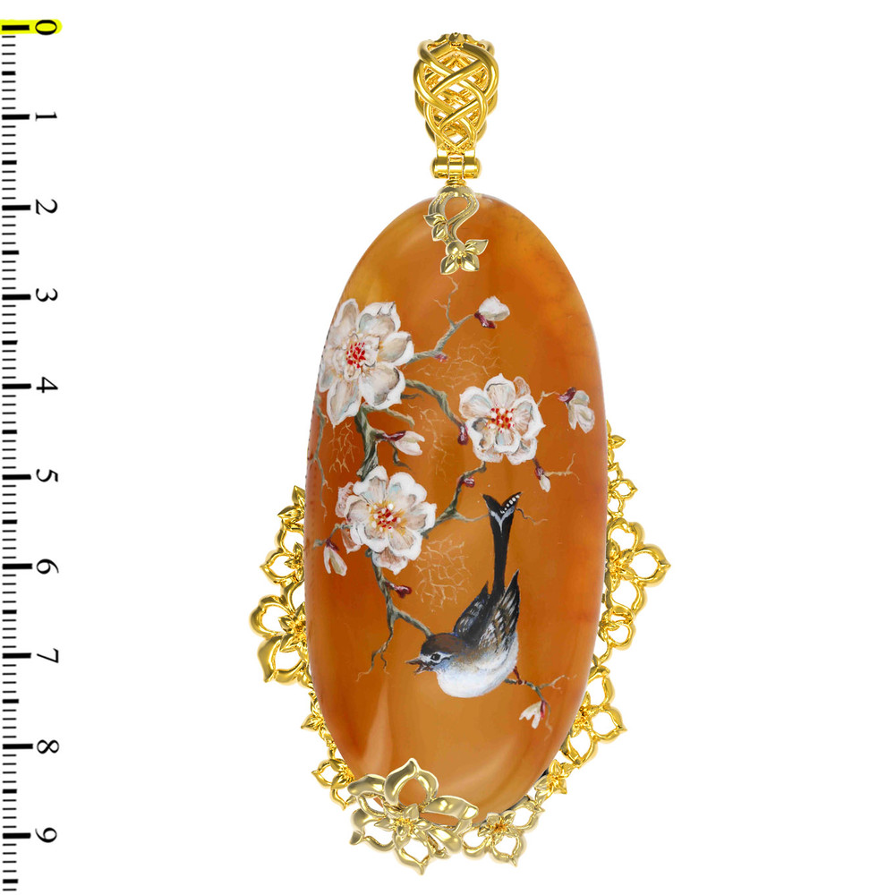 Подвеска из лимонного золота 585 пробы c росписным янтарём