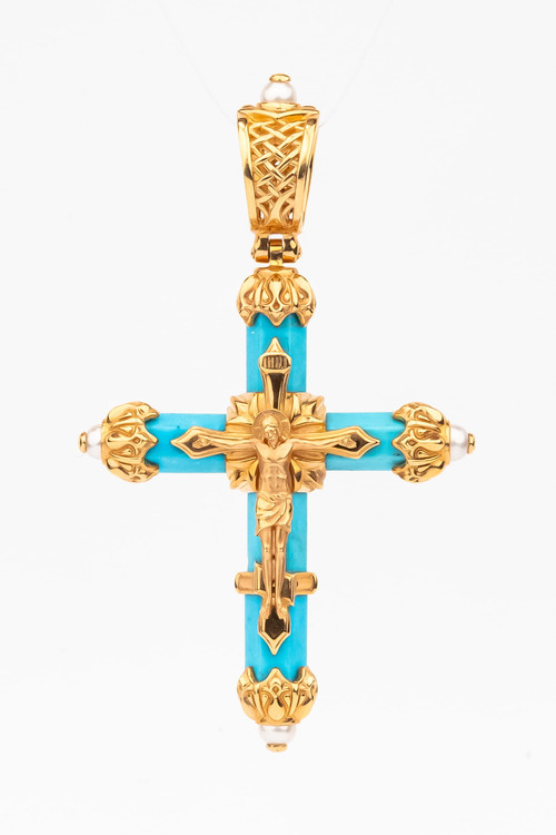 Крест из красного золота 585 пробы c жемчугом и бирюзой