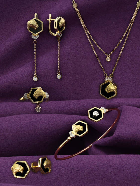 Серьги из лимонного золота 585 пробы c бриллиантами и ониксом