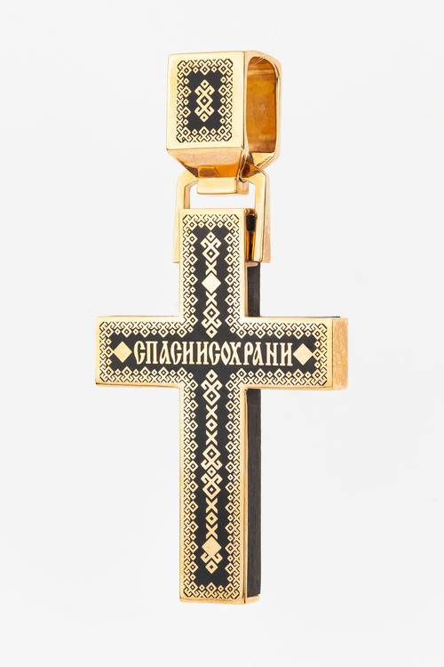 Крест из красного золота 585 пробы c эмалью и эбеновым деревом