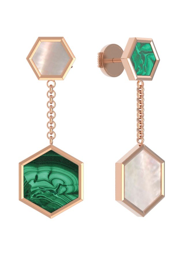 Серьги из золота c малахитом и перламутром