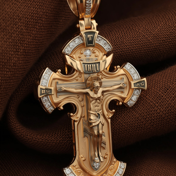 Крест из красного золота 585 пробы c фианитом