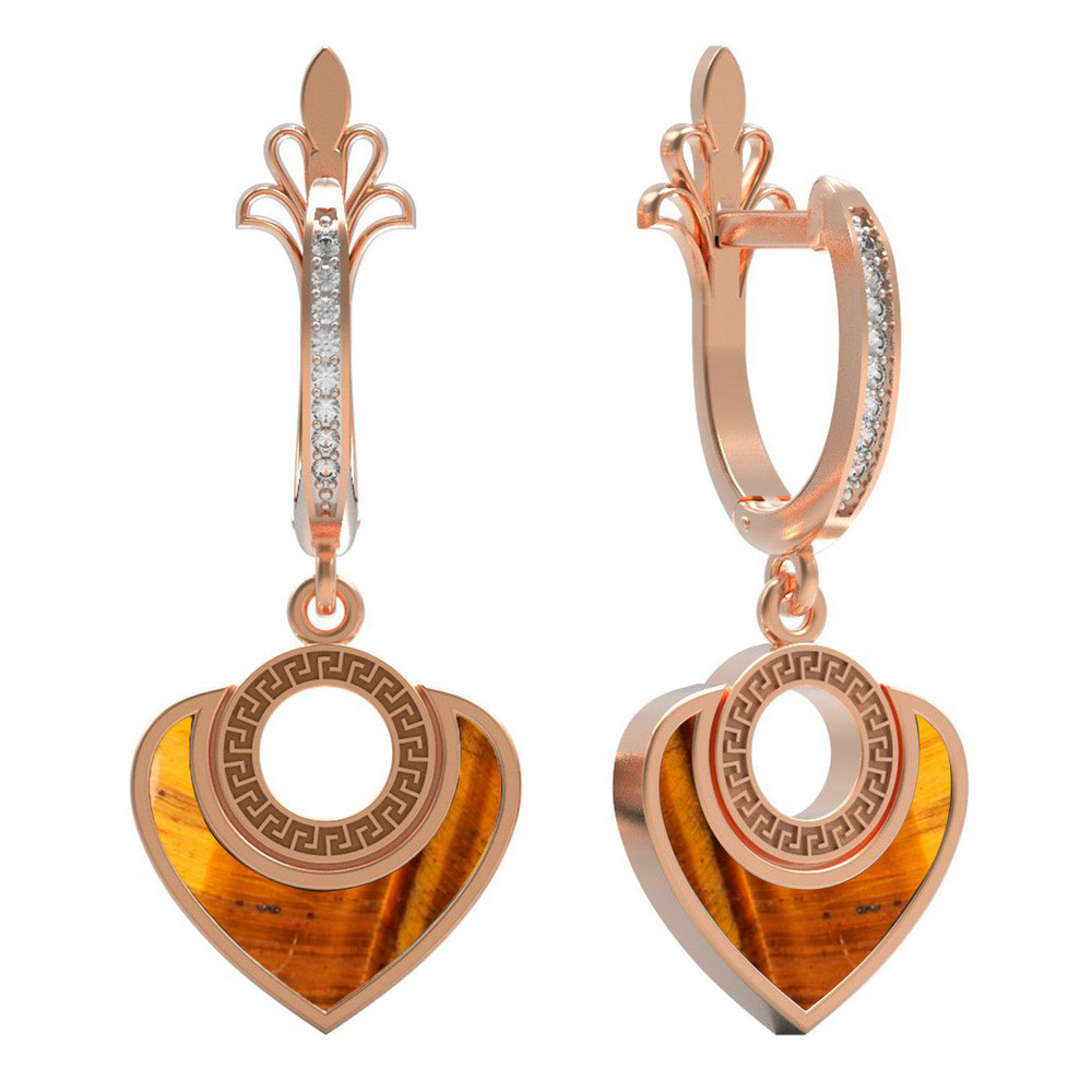 Серьги из красного золота 585 пробы c фианитом и тигровым глазом