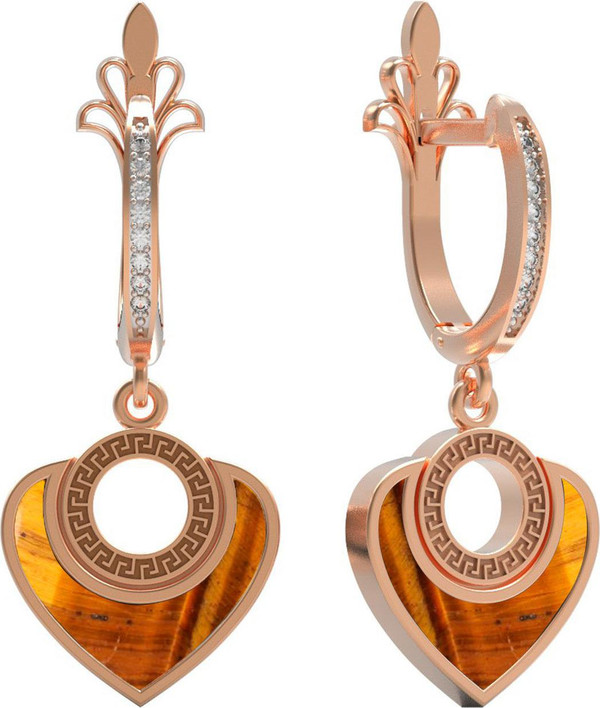 Серьги из красного золота 585 пробы c фианитом и тигровым глазом