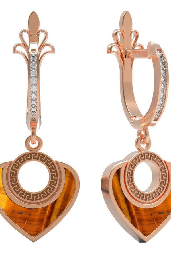 Серьги из золота c фианитом и тигровым глазом