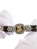 Браслет из серебра и золота c кожаным шнурком и ониксом