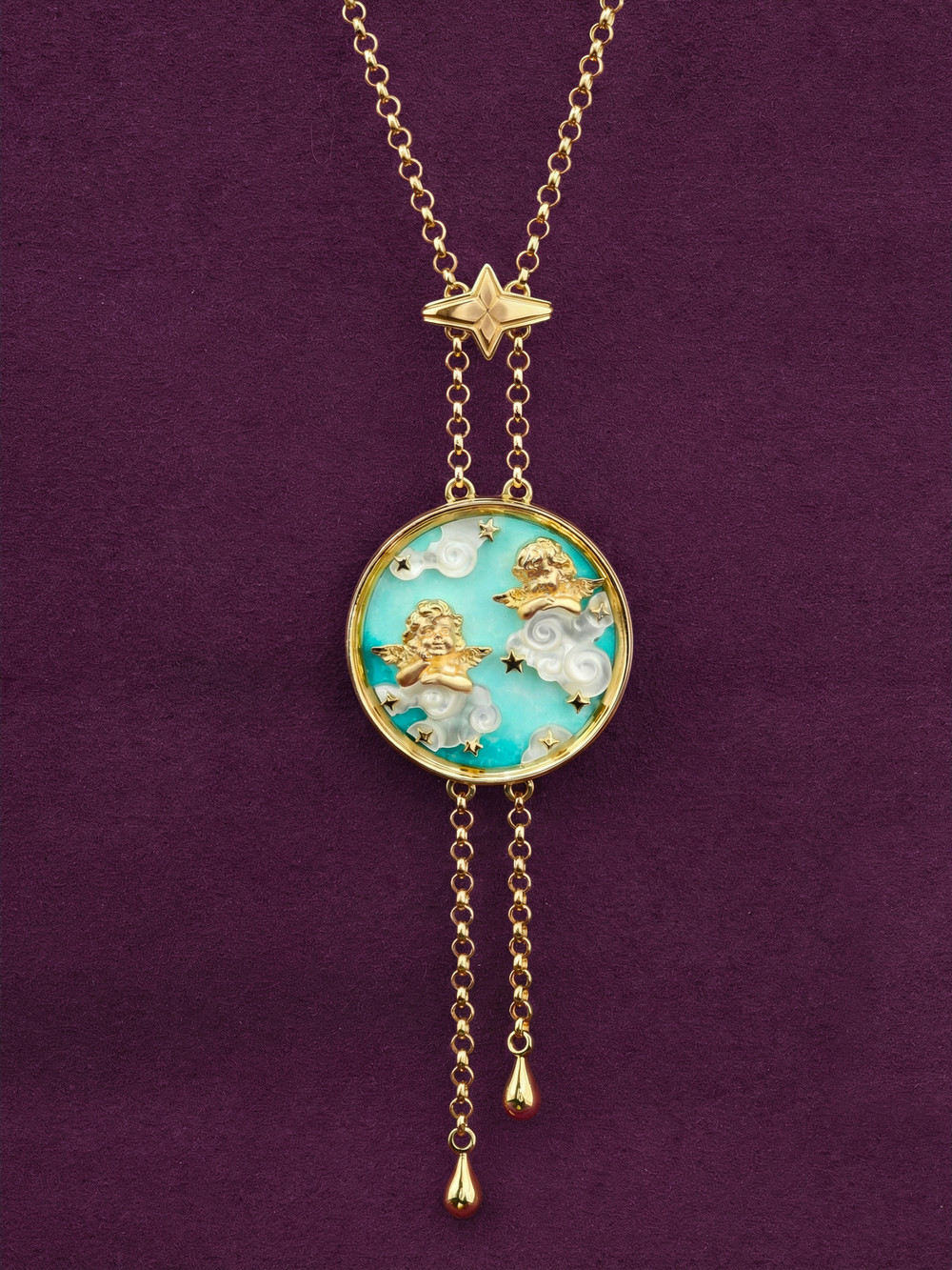 Колье из лимонного золота 585 пробы c бирюзой и перламутром