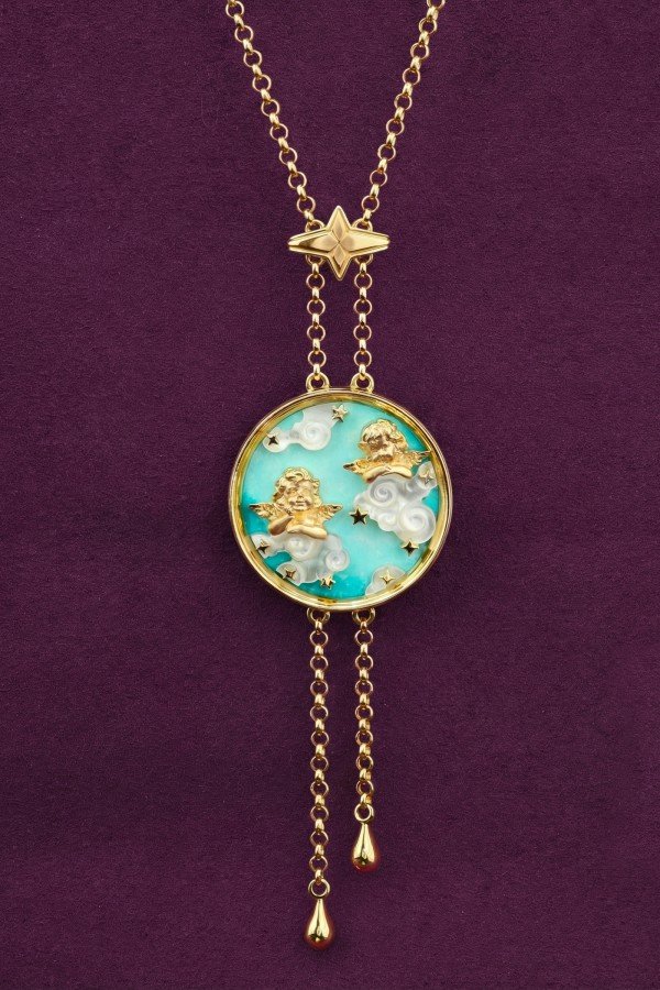 Колье из лимонного золота c бирюзой и перламутром